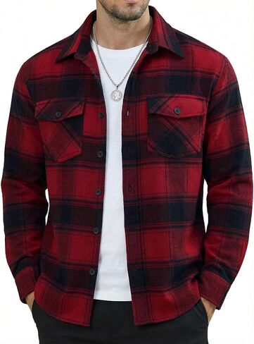 MAGNIVIT Flannel Shirt for Men Brushed Cotton Plaid Shirt Jacket Spring Fall Casual Long Sleeve Button Down Shacket 2 Pockets in Saudi Arabia