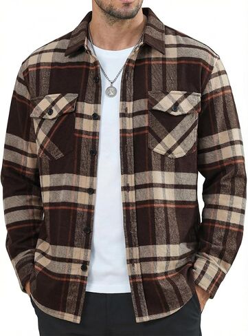 MAGNIVIT Flannel Shirt for Men Brushed Cotton Plaid Shirt Jacket Spring Fall Casual Long Sleeve Button Down Shacket 2 Pockets in Saudi Arabia