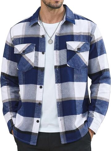 MAGNIVIT Flannel Shirt for Men Brushed Cotton Plaid Shirt Jacket Spring Fall Casual Long Sleeve Button Down Shacket 2 Pockets in Saudi Arabia
