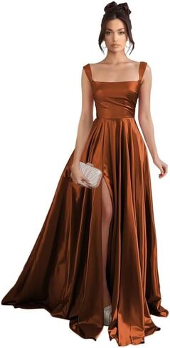 Stylefun Women's Satin A Line Prom Dresses with Slit Long Square Neck Formal Cocktail Party Dress with Pockets STN003 in Saudi Arabia