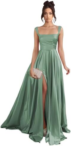 Stylefun Women's Satin A Line Prom Dresses with Slit Long Square Neck Formal Cocktail Party Dress with Pockets STN003 in Saudi Arabia