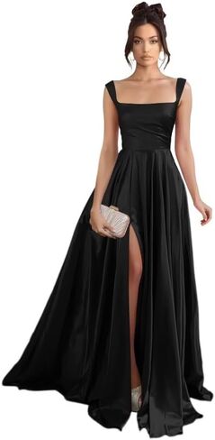 Stylefun Women's Satin A Line Prom Dresses with Slit Long Square Neck Formal Cocktail Party Dress with Pockets STN003 in Saudi Arabia