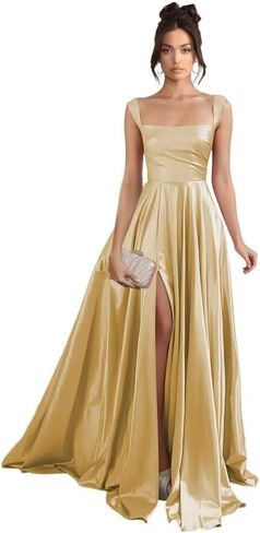 Stylefun Women's Satin A Line Prom Dresses with Slit Long Square Neck Formal Cocktail Party Dress with Pockets STN003 in Saudi Arabia