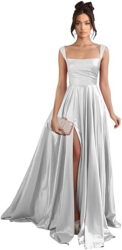 Stylefun Women's Satin A Line Prom Dresses with Slit Long Square Neck Formal Cocktail Party Dress with Pockets STN003 in Saudi Arabia