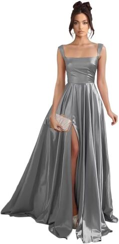 Stylefun Women's Satin A Line Prom Dresses with Slit Long Square Neck Formal Cocktail Party Dress with Pockets STN003 in Saudi Arabia