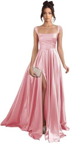 Stylefun Women's Satin A Line Prom Dresses with Slit Long Square Neck Formal Cocktail Party Dress with Pockets STN003 in Saudi Arabia