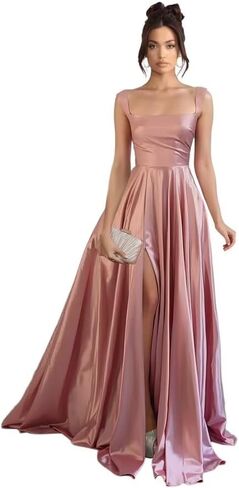 Stylefun Women's Satin A Line Prom Dresses with Slit Long Square Neck Formal Cocktail Party Dress with Pockets STN003 in Saudi Arabia