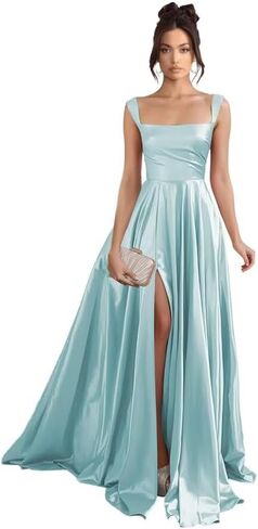 Stylefun Women's Satin A Line Prom Dresses with Slit Long Square Neck Formal Cocktail Party Dress with Pockets STN003 in Saudi Arabia