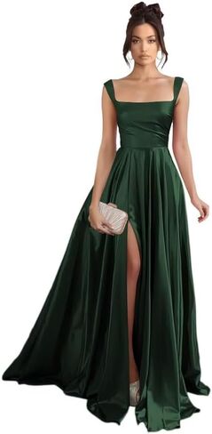 Stylefun Women's Satin A Line Prom Dresses with Slit Long Square Neck Formal Cocktail Party Dress with Pockets STN003 in Saudi Arabia