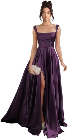 Stylefun Women's Satin A Line Prom Dresses with Slit Long Square Neck Formal Cocktail Party Dress with Pockets STN003 in Saudi Arabia