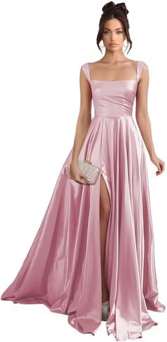 Stylefun Women's Satin A Line Prom Dresses with Slit Long Square Neck Formal Cocktail Party Dress with Pockets STN003 in Saudi Arabia