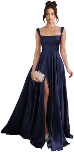 Stylefun Women's Satin A Line Prom Dresses with Slit Long Square Neck Formal Cocktail Party Dress with Pockets STN003 in Saudi Arabia