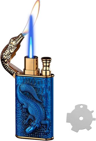 Relief Crocodile Magic Dual Flame Lighter with Adjusting Flame Tool, Windproof, Refillable Butane Lighter Gifts for Outdoor Indoor (Black) in Kuwait