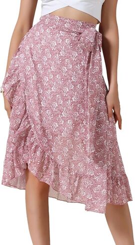 Allegra K Floral Boho Skirt for Women's Beach Asymmetrical Hem Ruffle Wrap Flowy Midi Skirts in Saudi Arabia