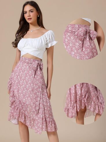 Allegra K Floral Boho Skirt for Women's Beach Asymmetrical Hem Ruffle Wrap Flowy Midi Skirts in Saudi Arabia