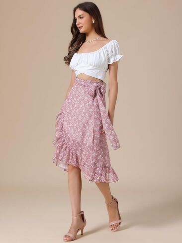 Allegra K Floral Boho Skirt for Women's Beach Asymmetrical Hem Ruffle Wrap Flowy Midi Skirts in Saudi Arabia