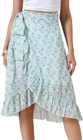 Allegra K Floral Boho Skirt for Women's Beach Asymmetrical Hem Ruffle Wrap Flowy Midi Skirts in Saudi Arabia