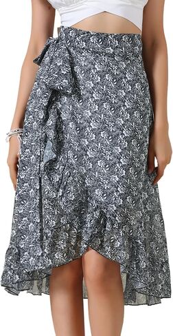 Allegra K Floral Boho Skirt for Women's Beach Asymmetrical Hem Ruffle Wrap Flowy Midi Skirts in Saudi Arabia