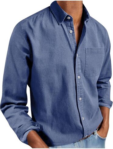 Button Down Shirt Men Long Sleeve Lapel Collar Dress Shirts with Chest Pocket Mens Business Casual Work Tops Blouses in Saudi Arabia