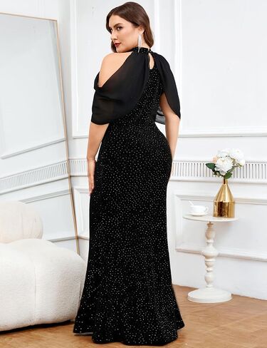 ZOMVA Plus Size Sparkly Halter Neck Dress Chiffon Cape Sleeve Bodycon Mermaid Maxi Evening Gown Cocktail Party Formal in Saudi Arabia