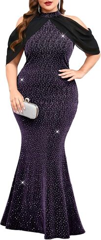 ZOMVA Plus Size Sparkly Halter Neck Dress Chiffon Cape Sleeve Bodycon Mermaid Maxi Evening Gown Cocktail Party Formal in Saudi Arabia