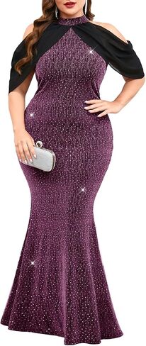 ZOMVA Plus Size Sparkly Halter Neck Dress Chiffon Cape Sleeve Bodycon Mermaid Maxi Evening Gown Cocktail Party Formal in Saudi Arabia