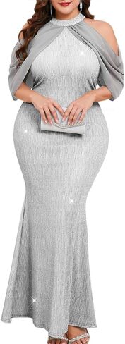 ZOMVA Plus Size Sparkly Halter Neck Dress Chiffon Cape Sleeve Bodycon Mermaid Maxi Evening Gown Cocktail Party Formal in Saudi Arabia