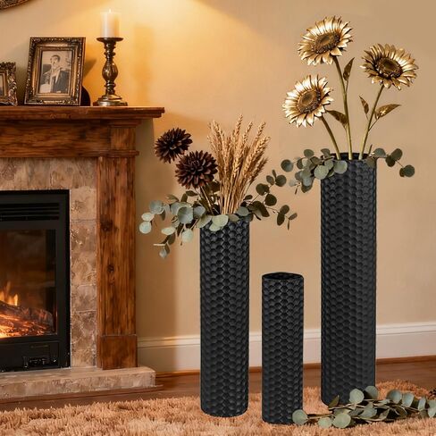 Black Tall Floor Vase - Set of 3 Extra Large Metal Decorative Vases for Living Room, 27.6" Long Modern Honeycomb Texture Big Cylinder Standing Corner Decor for Home Dining Bedroom Pampas Grass in Saudi Arabia