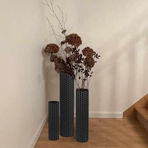 Black Tall Floor Vase - Set of 3 Extra Large Metal Decorative Vases for Living Room, 27.6" Long Modern Honeycomb Texture Big Cylinder Standing Corner Decor for Home Dining Bedroom Pampas Grass in Saudi Arabia