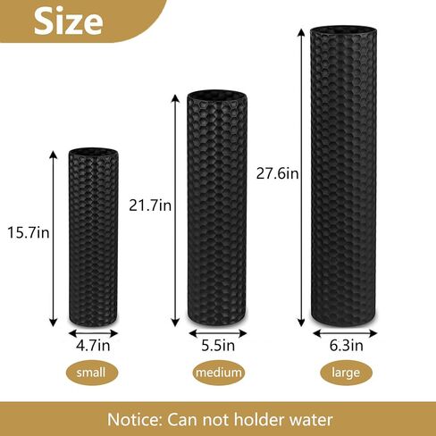 Black Tall Floor Vase - Set of 3 Extra Large Metal Decorative Vases for Living Room, 27.6" Long Modern Honeycomb Texture Big Cylinder Standing Corner Decor for Home Dining Bedroom Pampas Grass in Saudi Arabia