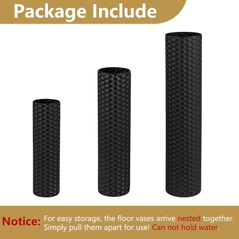 Black Tall Floor Vase - Set of 3 Extra Large Metal Decorative Vases for Living Room, 27.6" Long Modern Honeycomb Texture Big Cylinder Standing Corner Decor for Home Dining Bedroom Pampas Grass in Saudi Arabia
