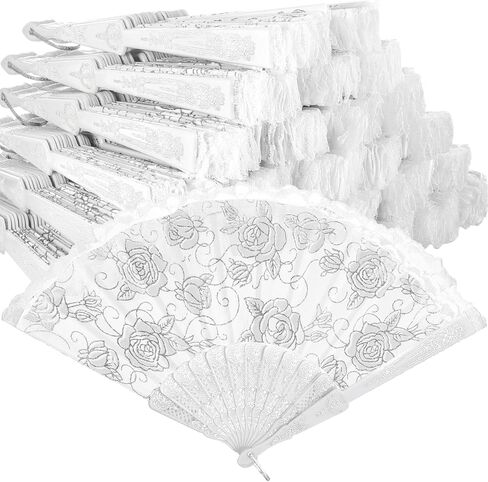 Yalikop 100 Pieces Rose Lace Floral Hand Fans Retro Elegant Chinese Folding Fan White Vintage Bridal Handheld Dancing Fan Props for Wedding Party Church Ladies Favors (Silver) in Kuwait