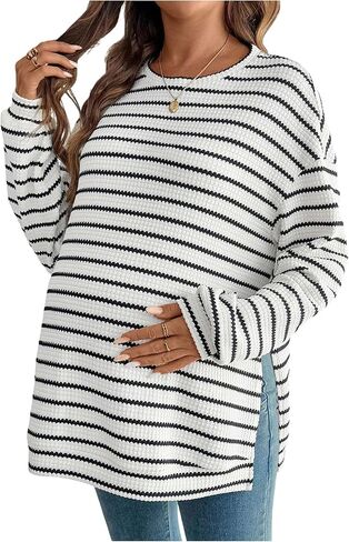 SweatyRocks Women's Maternity Striped Long Sleeve Shirts Fall Crew Neck Loose Pullover Tops in Saudi Arabia