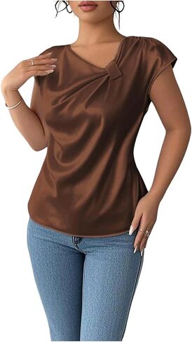 Floerns Women's Satin Asymmetrical Neck Work Blouses Elegant Cap Sleeve Dressy Casual Tops in Saudi Arabia