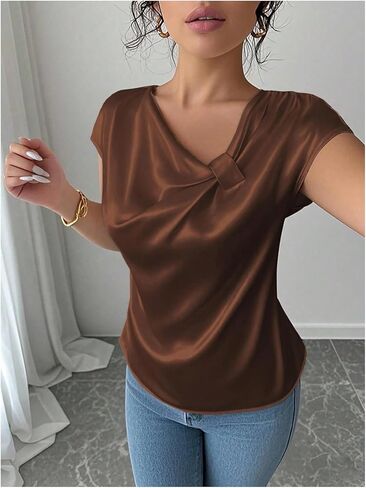 Floerns Women's Satin Asymmetrical Neck Work Blouses Elegant Cap Sleeve Dressy Casual Tops in Saudi Arabia