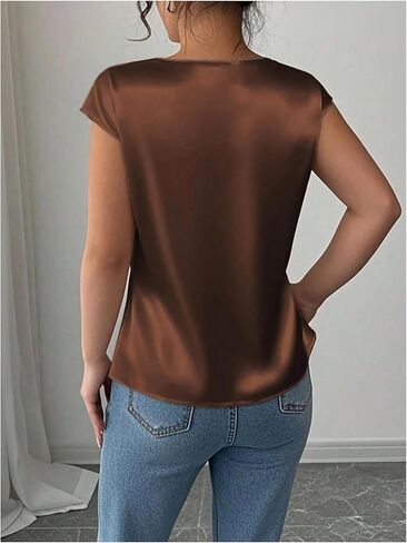 Floerns Women's Satin Asymmetrical Neck Work Blouses Elegant Cap Sleeve Dressy Casual Tops in Saudi Arabia