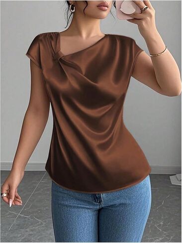 Floerns Women's Satin Asymmetrical Neck Work Blouses Elegant Cap Sleeve Dressy Casual Tops in Saudi Arabia