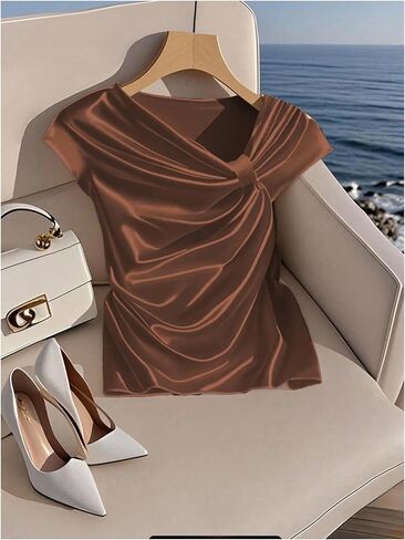 Floerns Women's Satin Asymmetrical Neck Work Blouses Elegant Cap Sleeve Dressy Casual Tops in Saudi Arabia
