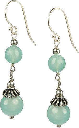 Sea Blue Chalcedony Beaded Sterling Silver Drop Earrings with Silver Caps in Saudi Arabia
