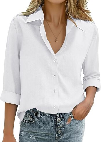 Zeagoo Womens Cotton Linen Button Down Shirts Loose Fit Long Sleeve Collared Blouse Casual V Neck Tops Outfits S-3XL in Saudi Arabia
