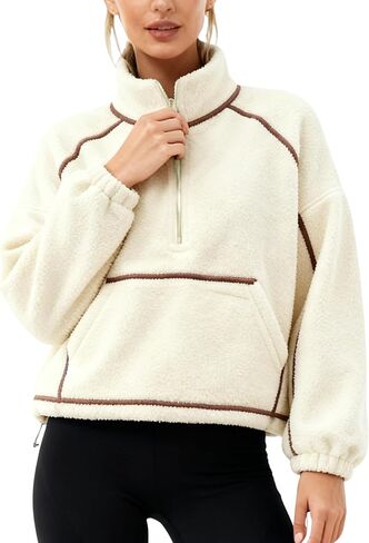 AMEBELLE Fleece Jacket Quarter Zip Pullover Women Warm Fuzzy Oversized Sweatshirt Lightweight Casual Outerwear with Pocket in Kuwait