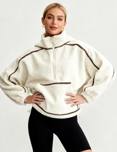AMEBELLE Fleece Jacket Quarter Zip Pullover Women Warm Fuzzy Oversized Sweatshirt Lightweight Casual Outerwear with Pocket in Kuwait