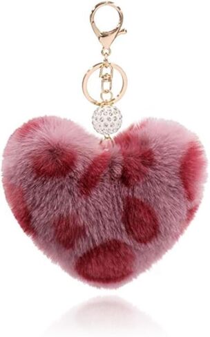 Heart Pom Pom Keychain Plush Cheetah Leopard Print Keychain Heart Bag Charm Romantic Valentines Day Gifts for Her in Saudi Arabia