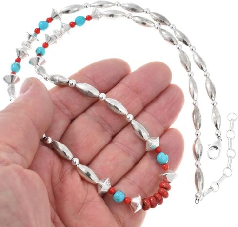 عقد من الخرز الفضي المرجاني المرجاني نافاجو مع البطيخ الاسترليني عالي اللمعان والخرز المخدد والمستدير 0085 in Kuwait