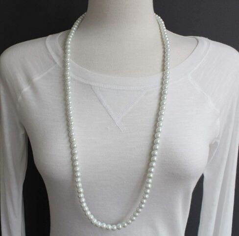 White Faux Pearl Necklace 30" Long Pearly Beads 8mm Bead Long Necklace For Women in Saudi Arabia