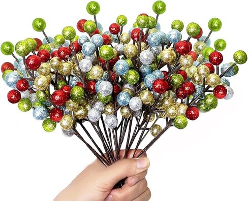 24 Pack Christmas Glitter Berries Stems, 8.5 Inch Artificial Christmas Picks, Berry Branches for Christmas Tree Ornaments, DIY Wreath, Crafts, Holiday and Party Decor (Colorful A) in Saudi Arabia