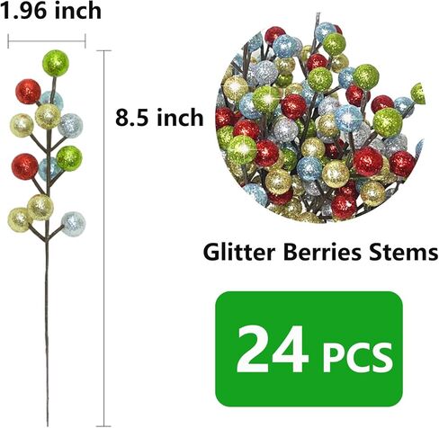 24 Pack Christmas Glitter Berries Stems, 8.5 Inch Artificial Christmas Picks, Berry Branches for Christmas Tree Ornaments, DIY Wreath, Crafts, Holiday and Party Decor (Colorful A) in Saudi Arabia