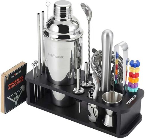 22-pc Cocktail Shaker Set(24oz/700ml) | Mixology Bartender Kit | Bar Set | Bar Tool Set | Martini Making Set with 39-Recipe Cocktail Cards & Kit's Deco, Bamboo Stand Black Color, Silver Tools in Saudi Arabia