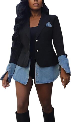 Casual Denim Jackets for Women,Long Sleeve Button Patchwork Suit Jacket Lapel Business Blazers in Saudi Arabia