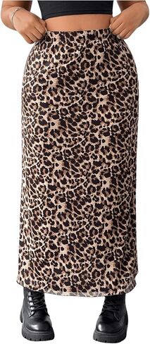 OYOANGLE Women's Plus Size Cheetah Print Long Skirt Elastic High Waisted Double Layer Flowy Skirts in Saudi Arabia